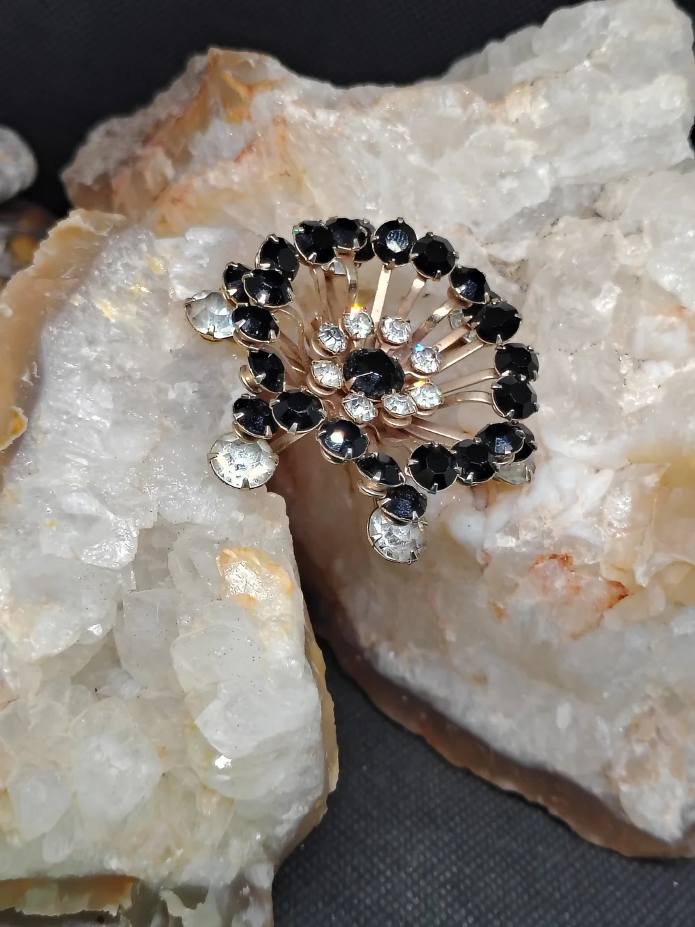 Vintage Sunburst Black and Gold Rhinestone Brooch - Unbranded